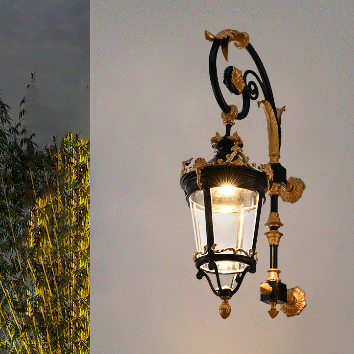 Traditional European Waterproof Aluminum Glass Lantern Carved LED Wall Sconce Lamp For Outdoor Patio