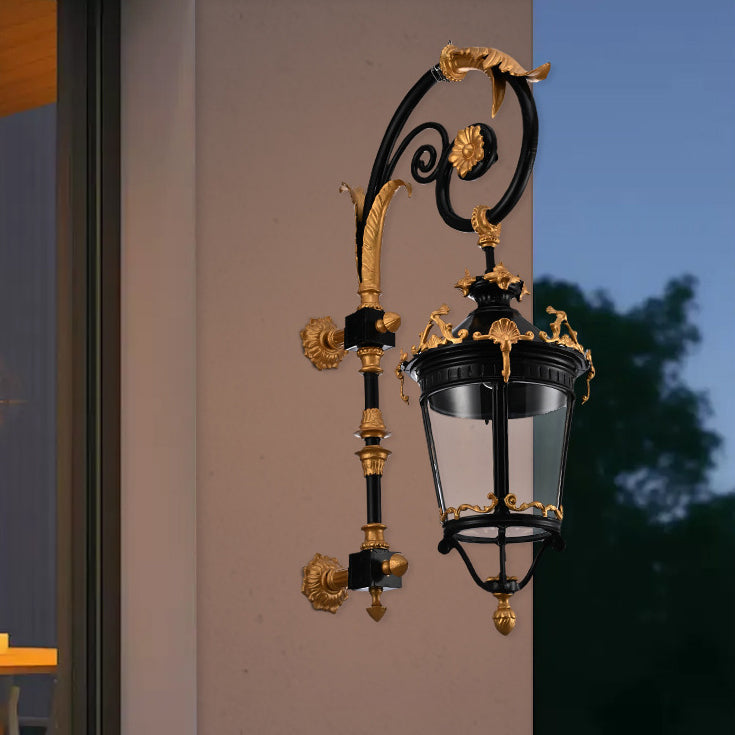 Traditional European Waterproof Aluminum Glass Lantern Carved LED Wall Sconce Lamp For Outdoor Patio
