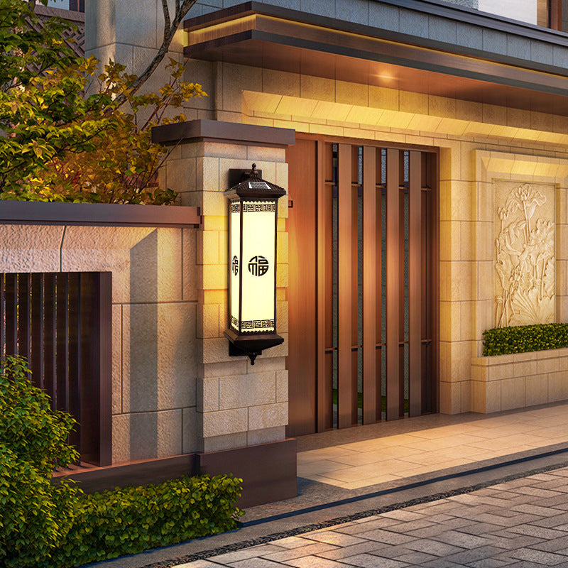 Traditional Chinese Solar Waterproof ABS Aluminum Glass Rectangular Happiness Wealth Pattern LED Wall Sconce Lamp For Outdoor Patio