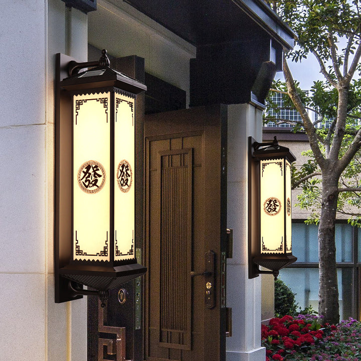 Traditionelle chinesische wasserdichte ABS-Aluminium-Glas-Rechteckige Glücks- und Wohlstandsmuster-LED-Wandleuchte für den Außenbereich 