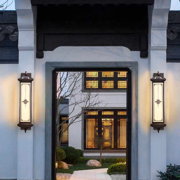 Traditional Chinese Solar Waterproof ABS Aluminum Glass Rectangular Happiness Wealth Pattern LED Wall Sconce Lamp For Outdoor Patio
