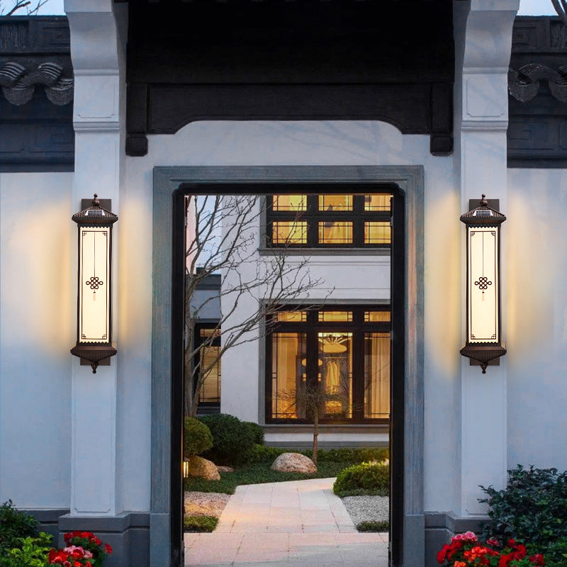 Traditional Chinese Solar Waterproof ABS Aluminum Glass Rectangular Happiness Wealth Pattern LED Wall Sconce Lamp For Outdoor Patio