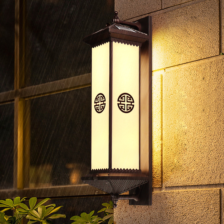 Traditional Chinese Solar Waterproof ABS Aluminum Glass Rectangular Happiness Wealth Pattern LED Wall Sconce Lamp For Outdoor Patio
