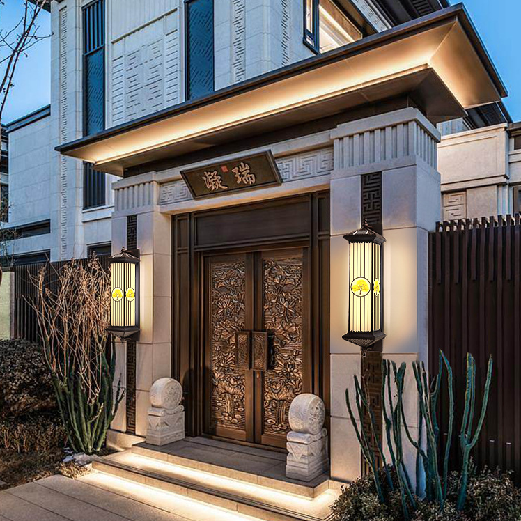 Traditional Chinese Waterproof ABS Aluminum Glass Rectangular Happiness Wealth Pattern LED Wall Sconce Lamp For Outdoor Patio