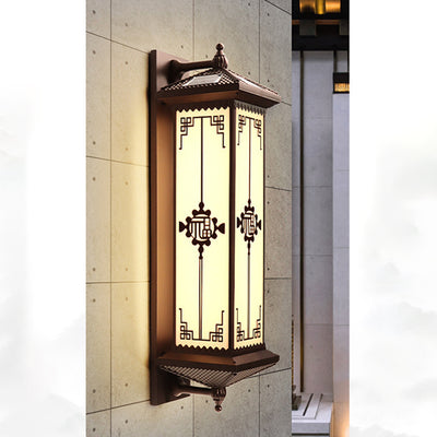 Traditional Chinese Waterproof ABS Aluminum Glass Rectangular Happiness Wealth Pattern LED Wall Sconce Lamp For Outdoor Patio