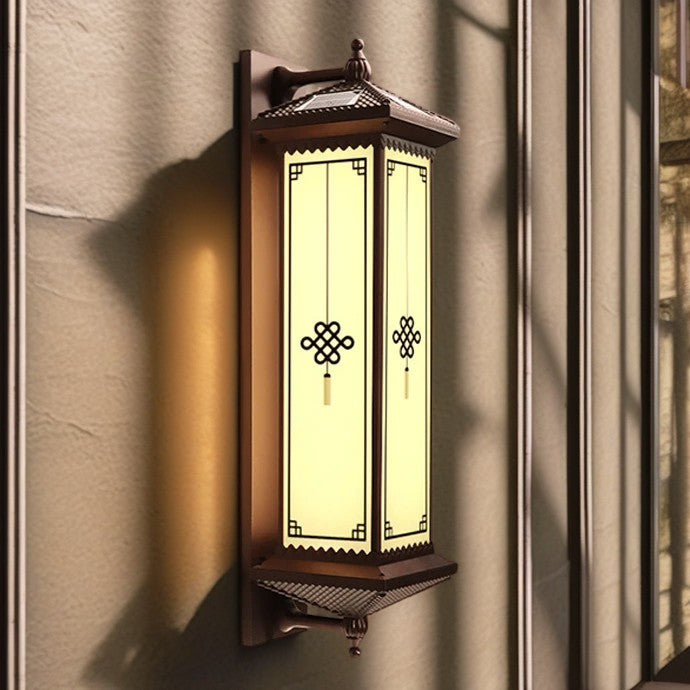 Traditional Chinese Solar Waterproof ABS Aluminum Glass Rectangular Happiness Wealth Pattern LED Wall Sconce Lamp For Outdoor Patio