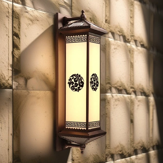 Traditional Chinese Solar Waterproof ABS Aluminum Glass Rectangular Happiness Wealth Pattern LED Wall Sconce Lamp For Outdoor Patio