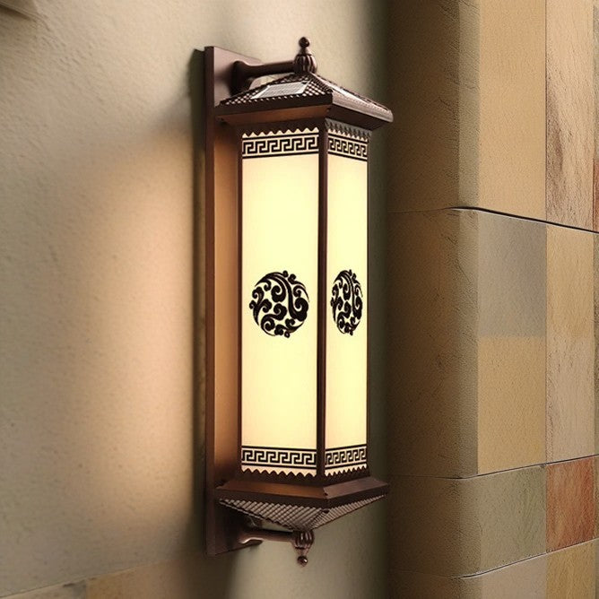 Traditional Chinese Solar Waterproof ABS Aluminum Glass Rectangular Happiness Wealth Pattern LED Wall Sconce Lamp For Outdoor Patio