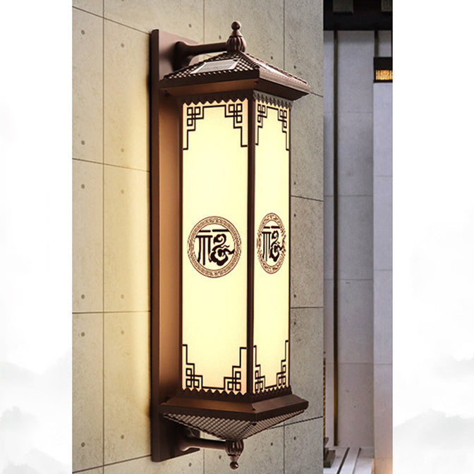 Traditional Chinese Waterproof ABS Aluminum Glass Rectangular Happiness Wealth Pattern LED Wall Sconce Lamp For Outdoor Patio