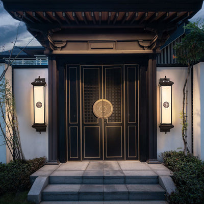 Traditional Chinese Solar Waterproof ABS Aluminum Glass Rectangular Happiness Wealth Pattern LED Wall Sconce Lamp For Outdoor Patio