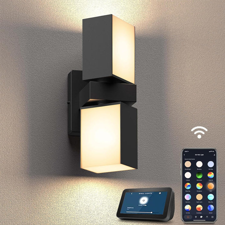 Modern Simplicité Étanche Aluminium Smart APP Contrôle Rotatif Rectangulaire LED Applique Murale Pour Patio Extérieur 