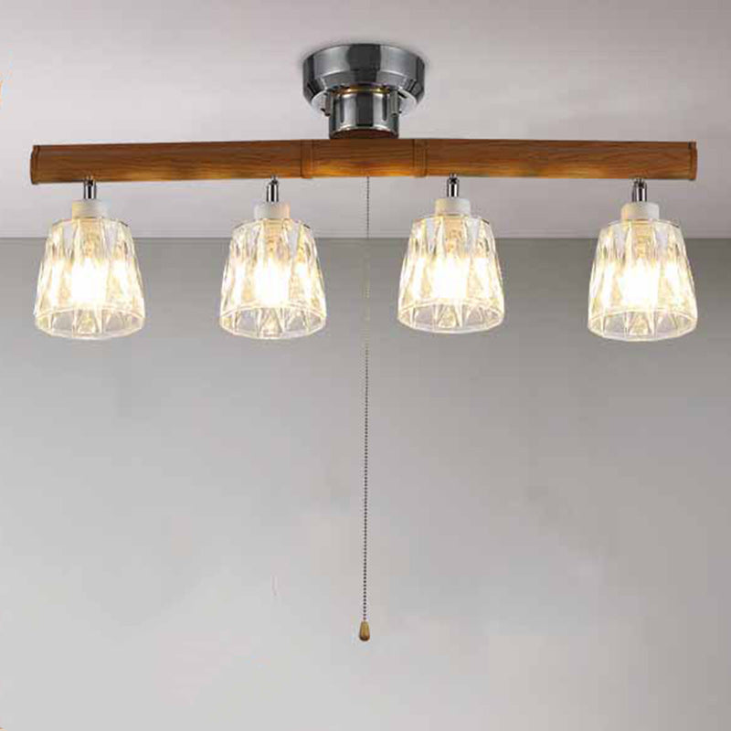 Contemporary Retro Aluminum Wood Acrylic Cylinder Zipper Foldable 4-Light Semi-Flush Mount Ceiling Light For Dining Room