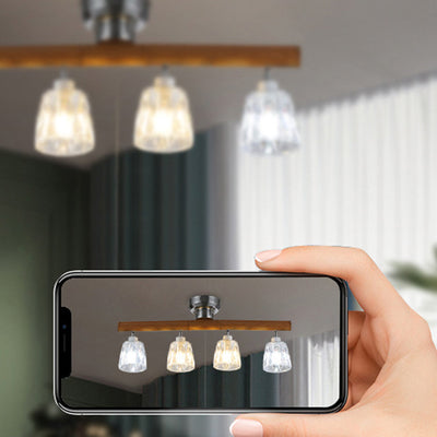Contemporary Retro Aluminum Wood Acrylic Cylinder Zipper Foldable 4-Light Semi-Flush Mount Ceiling Light For Dining Room