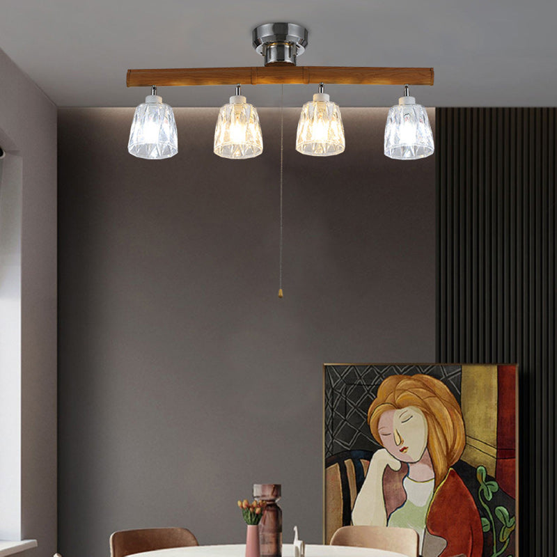 Contemporary Retro Aluminum Wood Acrylic Cylinder Zipper Foldable 4-Light Semi-Flush Mount Ceiling Light For Dining Room