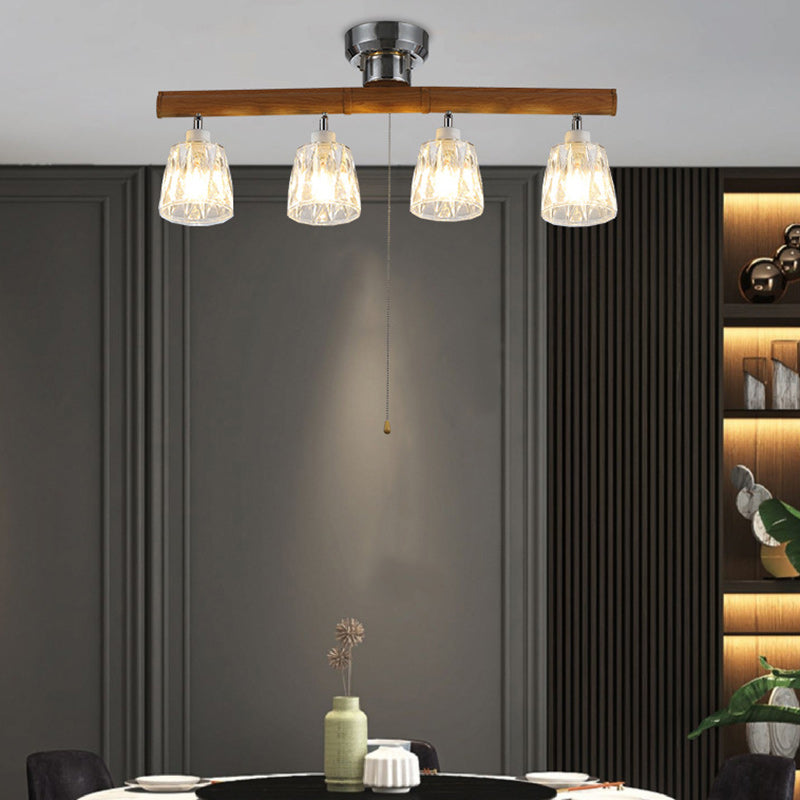 Contemporary Retro Aluminum Wood Acrylic Cylinder Zipper Foldable 4-Light Semi-Flush Mount Ceiling Light For Dining Room