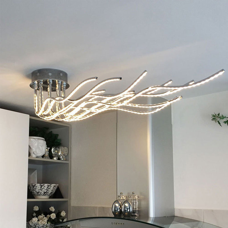 Zeitgenössische kreative Welle lange Aluminium Acryl LED Semi-Flush Mount Deckenleuchte für Wohnzimmer 