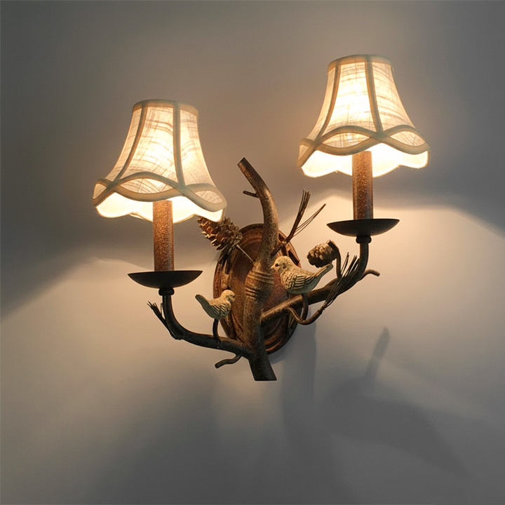 Vintage Fabric Bird Pinecone Resin 1/2 Light Wall Sconce Lamp