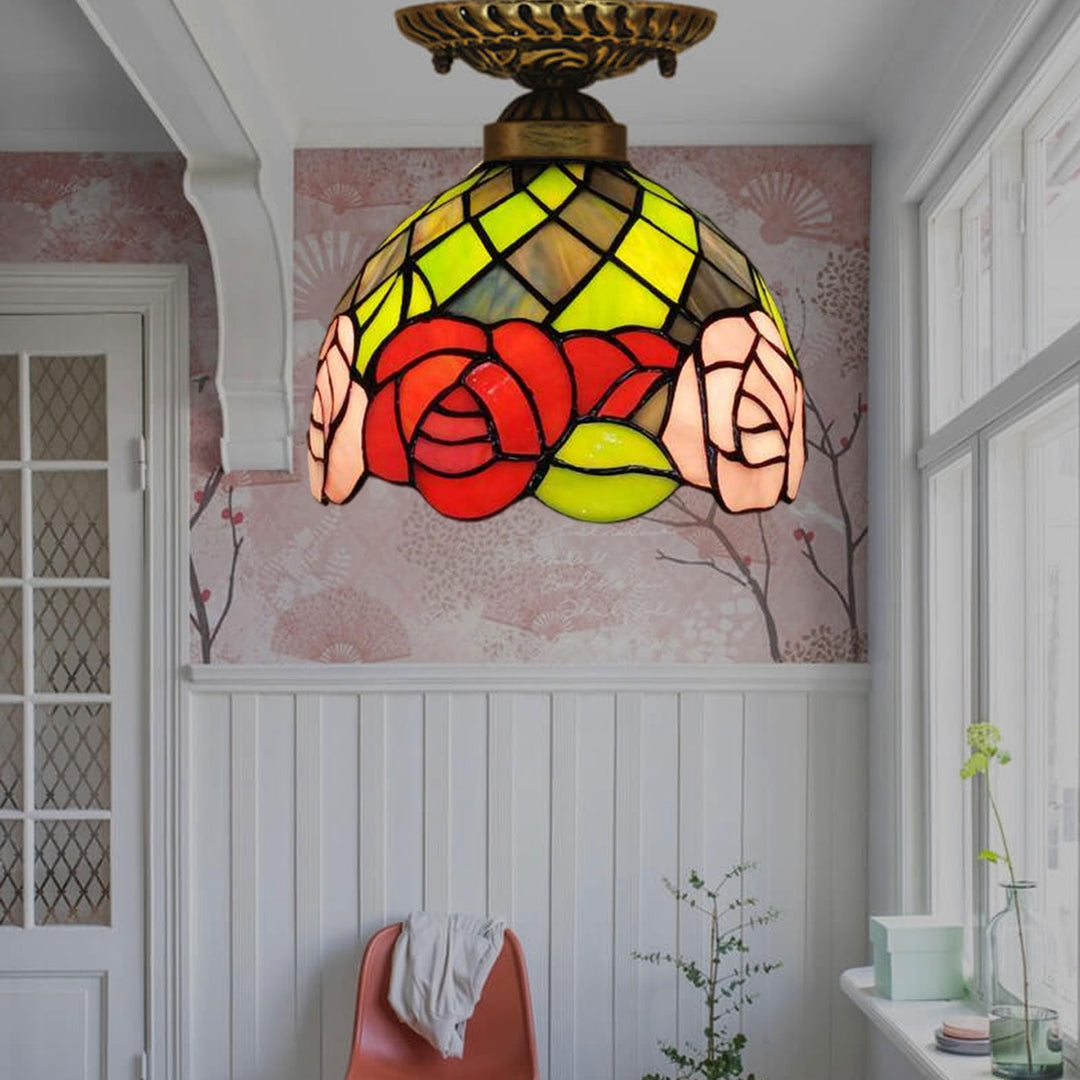 Vintage Tiffany Rose Glasmalerei 1-flammige Schale, halbbündige Deckenleuchte 