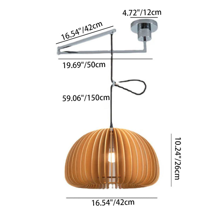 Traditionelle japanische kreative 1-flammige Pendelleuchte mit Schwenkarm aus Holz und Metall in Kürbisform für das Wohnzimmer 