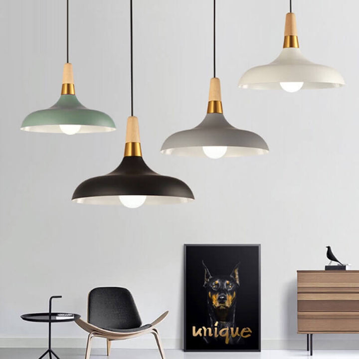 Contemporary Nordic Round Barn Iron Wood Macaron 1-Light Pendant Light For Bedroom