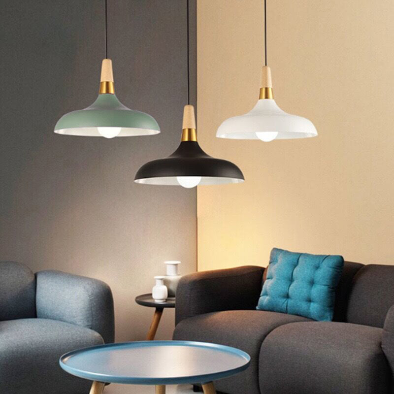 Contemporary Nordic Round Barn Iron Wood Macaron 1-Light Pendant Light For Bedroom