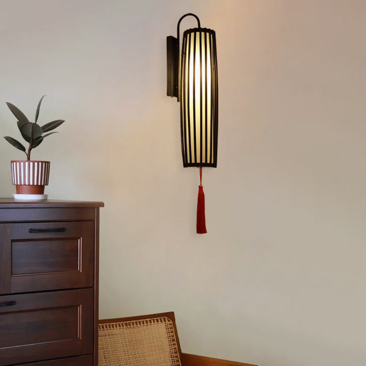 Traditional  Chinese Bamboo Iron Lantern Column 1-Light Wall Sconce Lamp for Living Room