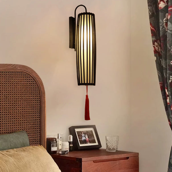 Traditional  Chinese Bamboo Iron Lantern Column 1-Light Wall Sconce Lamp for Living Room