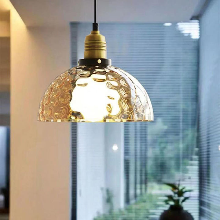 Contemporary Nordic Amber Water Pattern Aluminum Glass Dome 1-Light Pendant Light For Living Room
