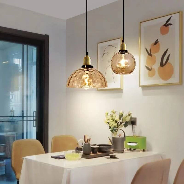 Contemporary Nordic Amber Water Pattern Aluminum Glass Dome 1-Light Pendant Light For Living Room