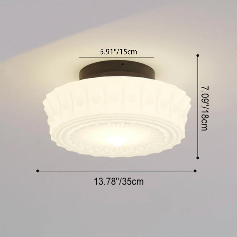 Traditional French Iron Glass Stripes Round Drum LED Semi-Flush Mount Ceiling Light For Living Room &amp; Bedroom