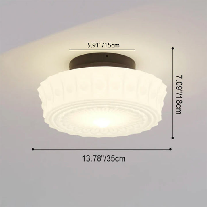 Traditional French Iron Glass Stripes Round Drum LED Semi-Flush Mount Ceiling Light For Living Room &amp; Bedroom