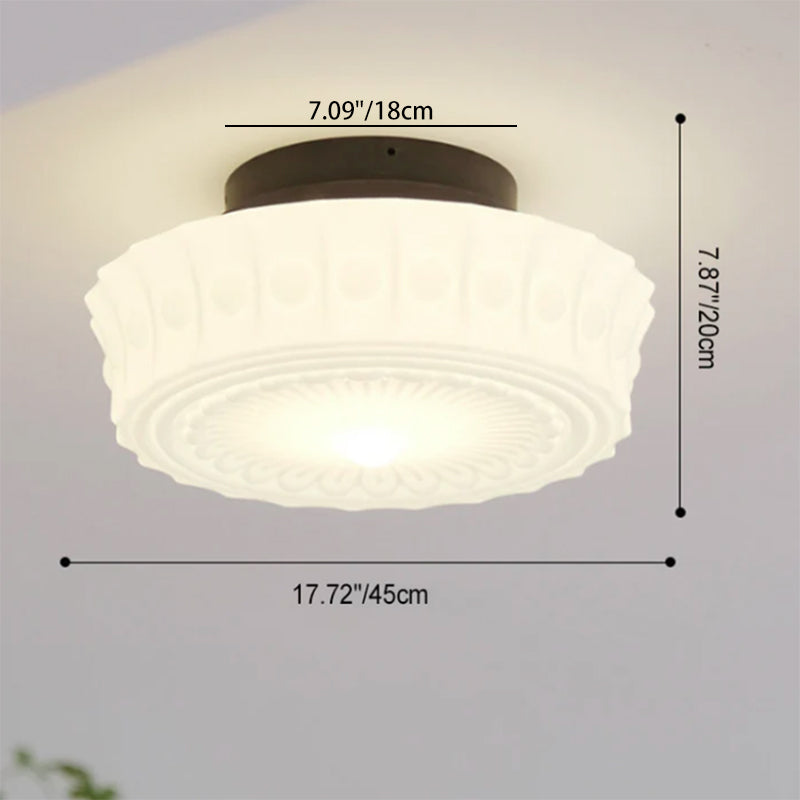 Traditional French Iron Glass Stripes Round Drum LED Semi-Flush Mount Ceiling Light For Living Room &amp; Bedroom