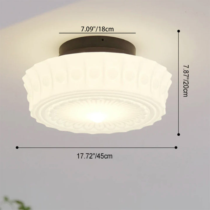 Traditional French Iron Glass Stripes Round Drum LED Semi-Flush Mount Ceiling Light For Living Room &amp; Bedroom