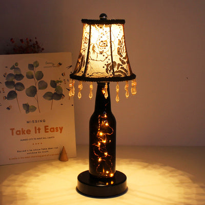 European Creative Fabric Cone Glass Wine Bottle LED Decoration Table Lamp