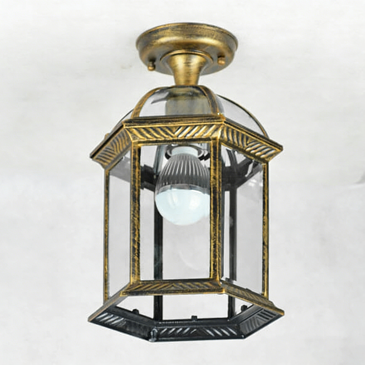 Traditional European Outdoor Hexagonal Lantern Waterproof 1-Light Semi-Flush Mount Ceiling Light For Outdoor