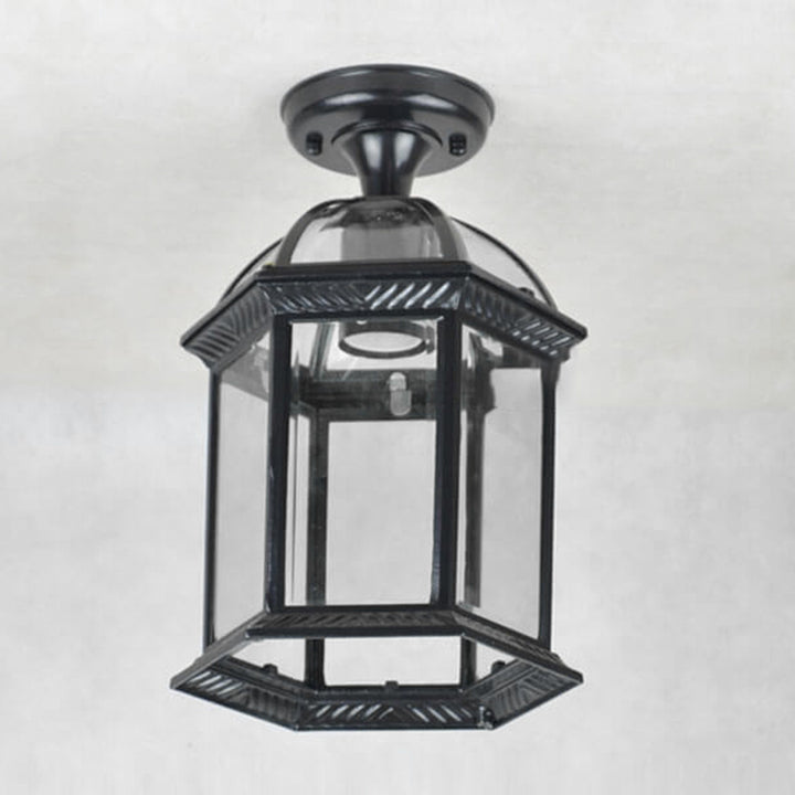 Traditional European Outdoor Hexagonal Lantern Waterproof 1-Light Semi-Flush Mount Ceiling Light For Outdoor