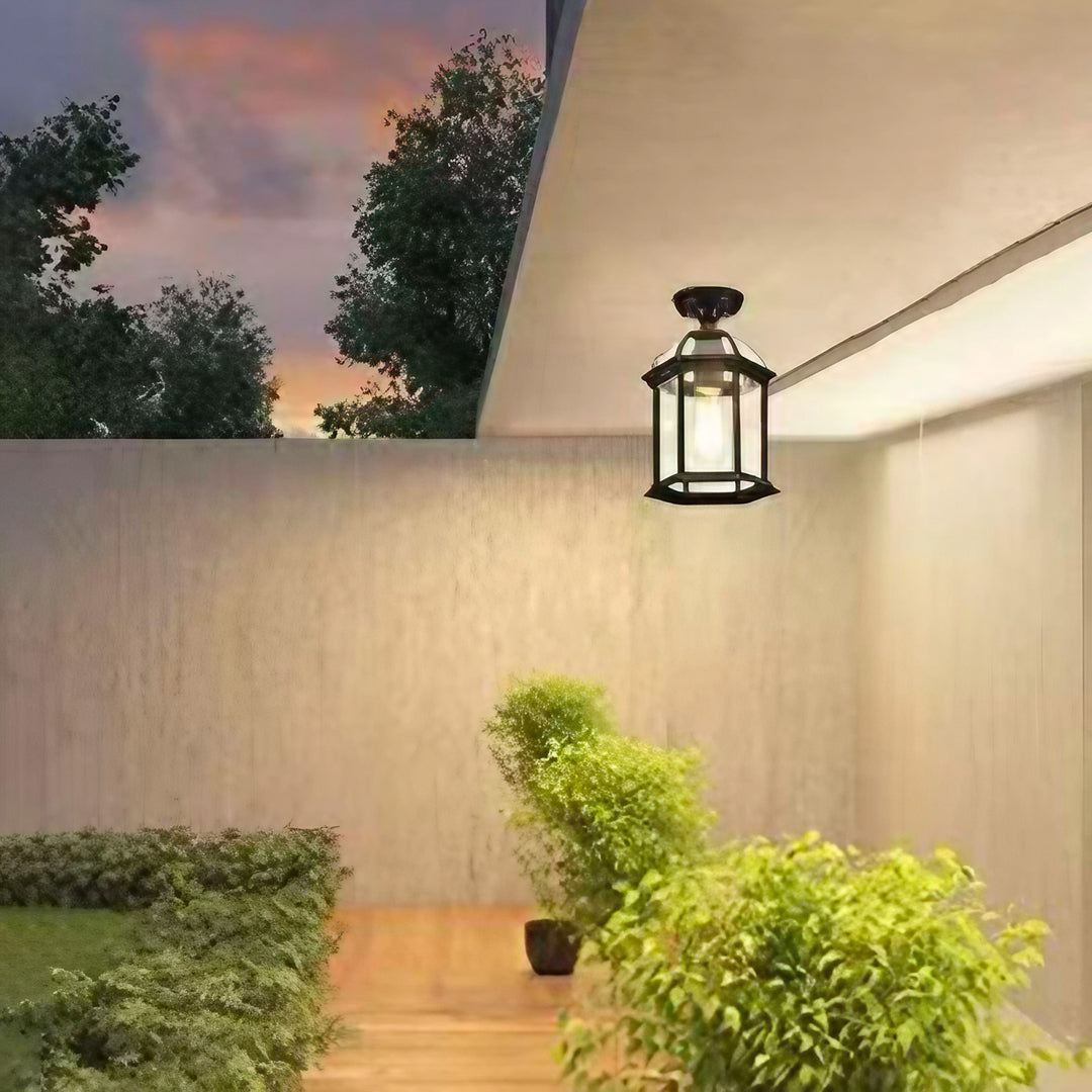 Traditional European Outdoor Hexagonal Lantern Waterproof 1-Light Semi-Flush Mount Ceiling Light For Outdoor