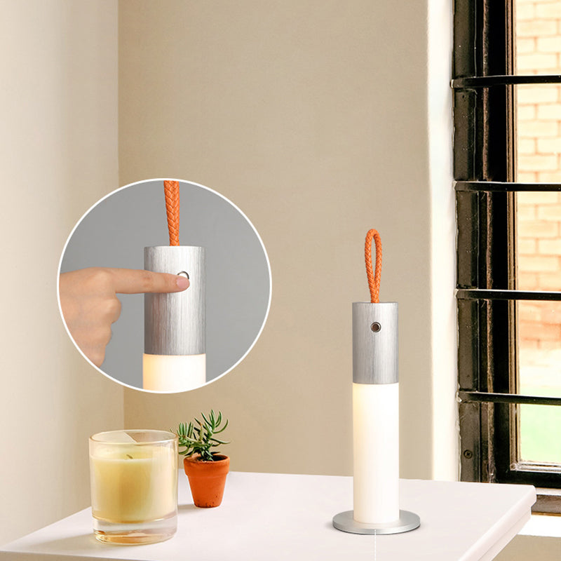 Moderne minimalistische tragbare Trageschnur Zylinder Aluminium Acryl LED Tischlampe für Schlafzimmer 