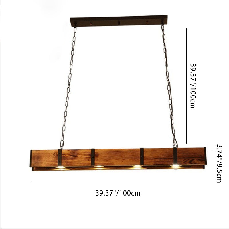 Lustre rectangulaire traditionnel vintage en bois massif, fer et verre avec LED pour salle à manger 