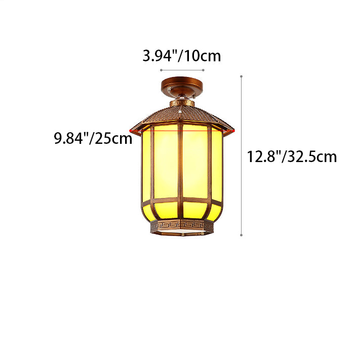 Lanterne ronde chinoise traditionnelle en aluminium, fer et verre 1 lumière semi-encastrée pour plafond pour patio extérieur 