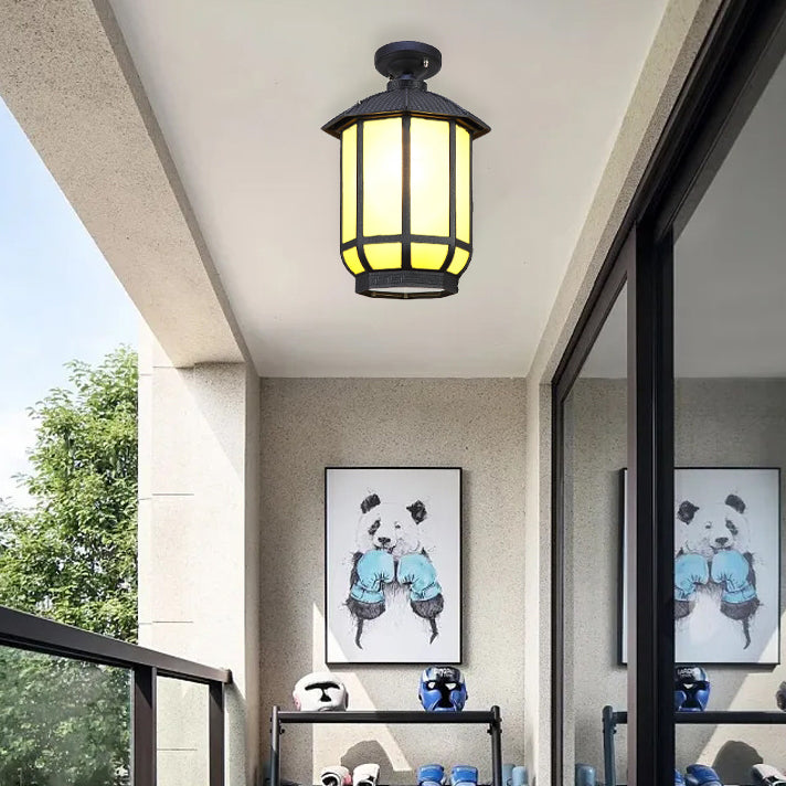 Lanterne ronde chinoise traditionnelle en aluminium, fer et verre 1 lumière semi-encastrée pour plafond pour patio extérieur 