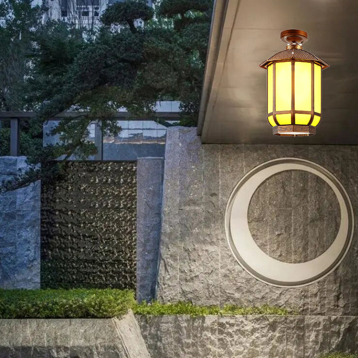 Lanterne ronde chinoise traditionnelle en aluminium, fer et verre 1 lumière semi-encastrée pour plafond pour patio extérieur 