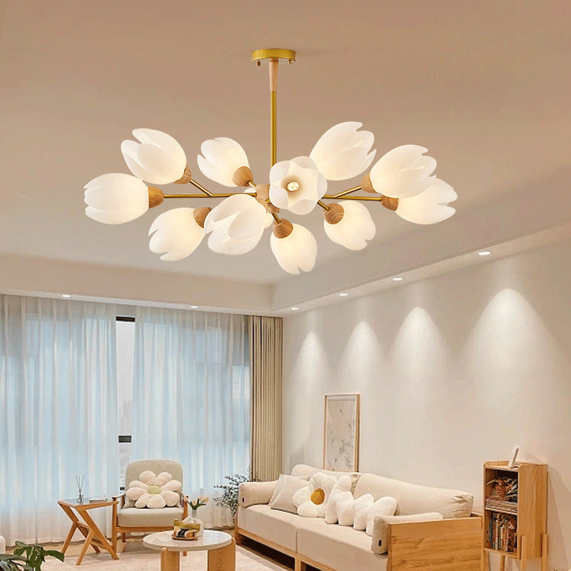 Chandelier moderne de forme florale en bois moulé rotatif de style mi-siècle avec 6/9/12 lumières pour chambre à coucher 