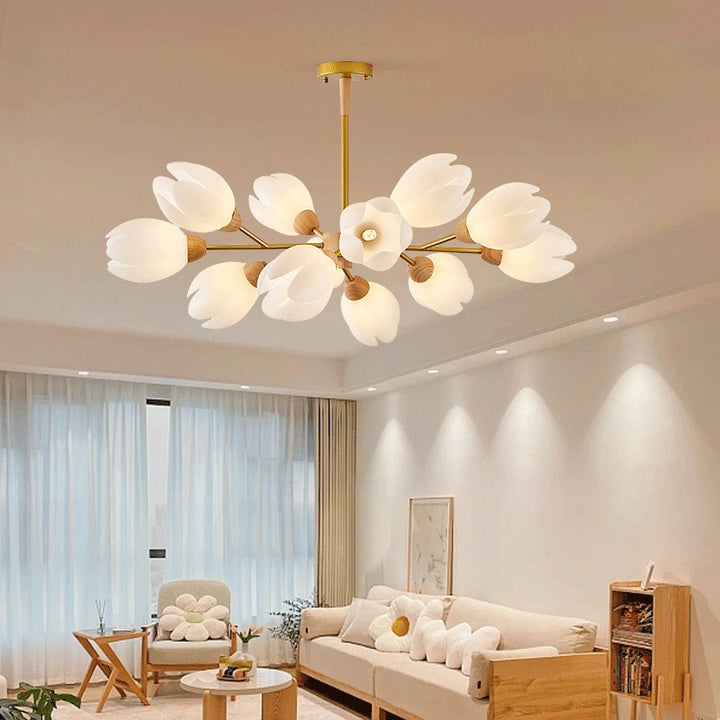 Chandelier moderne de forme florale en bois moulé rotatif de style mi-siècle avec 6/9/12 lumières pour chambre à coucher 