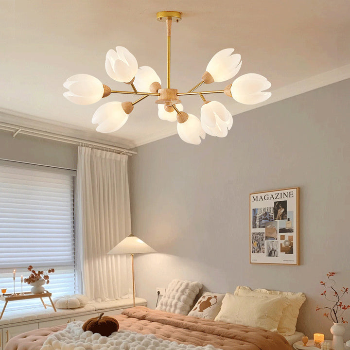 Chandelier moderne de forme florale en bois moulé rotatif de style mi-siècle avec 6/9/12 lumières pour chambre à coucher 