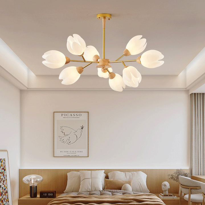 Chandelier moderne de forme florale en bois moulé rotatif de style mi-siècle avec 6/9/12 lumières pour chambre à coucher 
