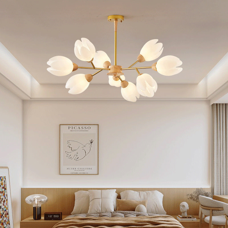 Moderner Mid-Century Blumenform Holz Rotationsform 6/9/12 Licht Kronleuchter für Schlafzimmer 