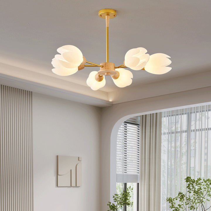 Chandelier moderne de forme florale en bois moulé rotatif de style mi-siècle avec 6/9/12 lumières pour chambre à coucher 