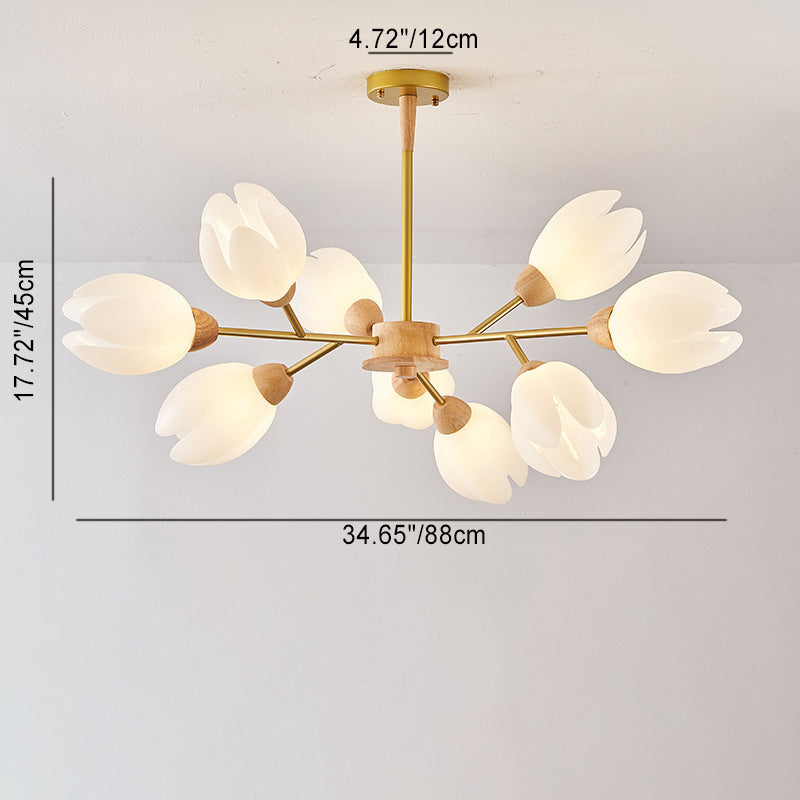 Chandelier moderne de forme florale en bois moulé rotatif de style mi-siècle avec 6/9/12 lumières pour chambre à coucher 