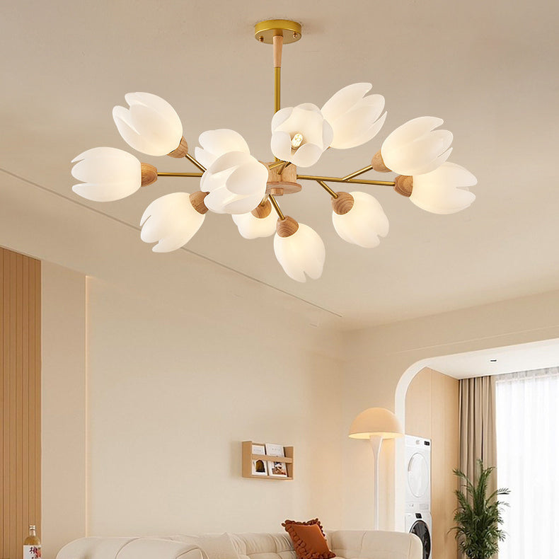 Chandelier moderne de forme florale en bois moulé rotatif de style mi-siècle avec 6/9/12 lumières pour chambre à coucher 